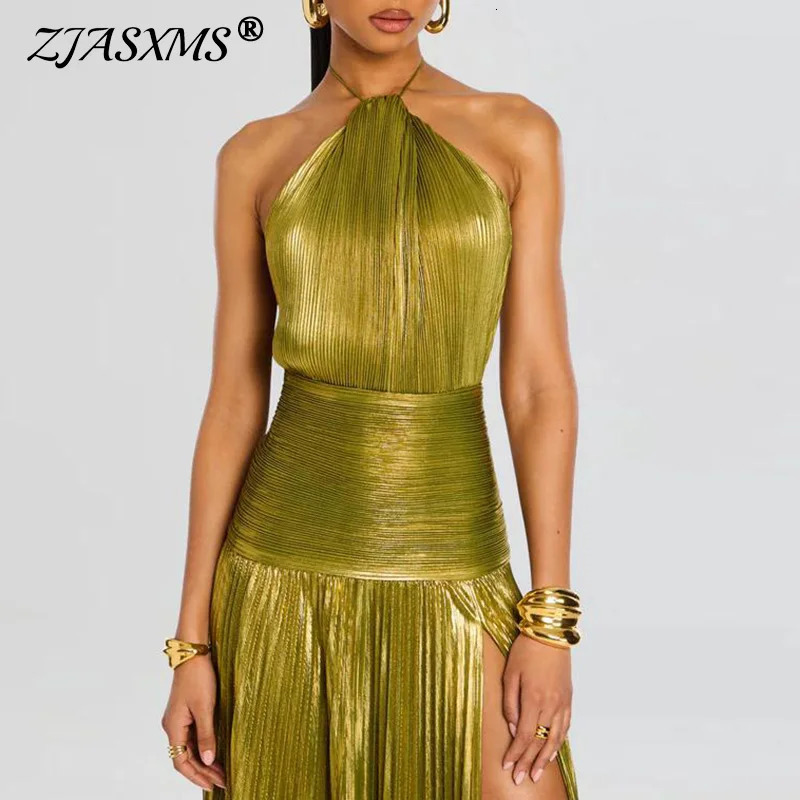 Gold Sexy Halter High Split Gowns Evening Dress Woman Chic Solid Hollow Pleated Long Spring Summer Backless Zip Maxi Dress 250611