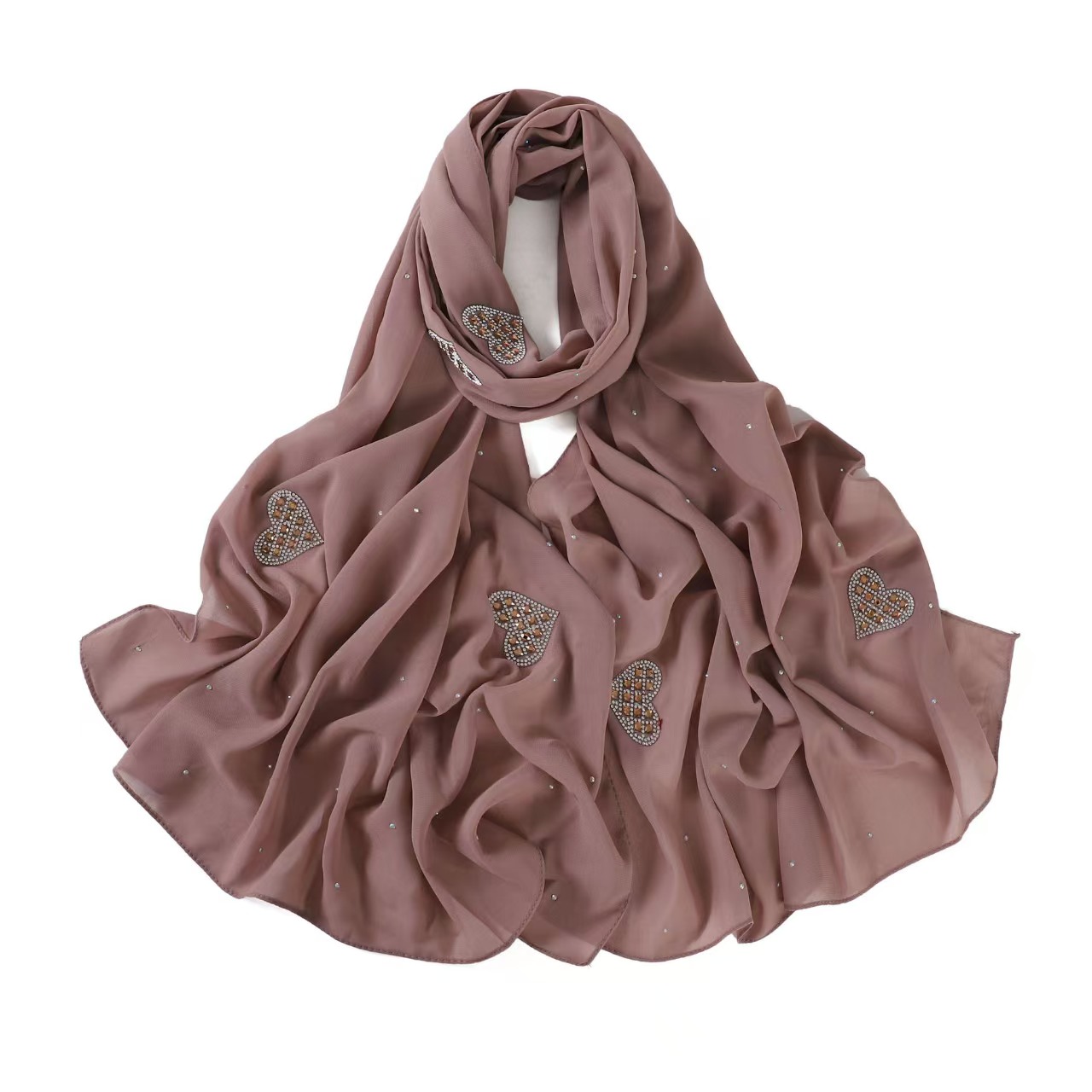 T963 New Fashion Heart Shaped Diamond Scarf Women's Pure Color Pearl Chiffon Head Scarf Long Scarf Hijab