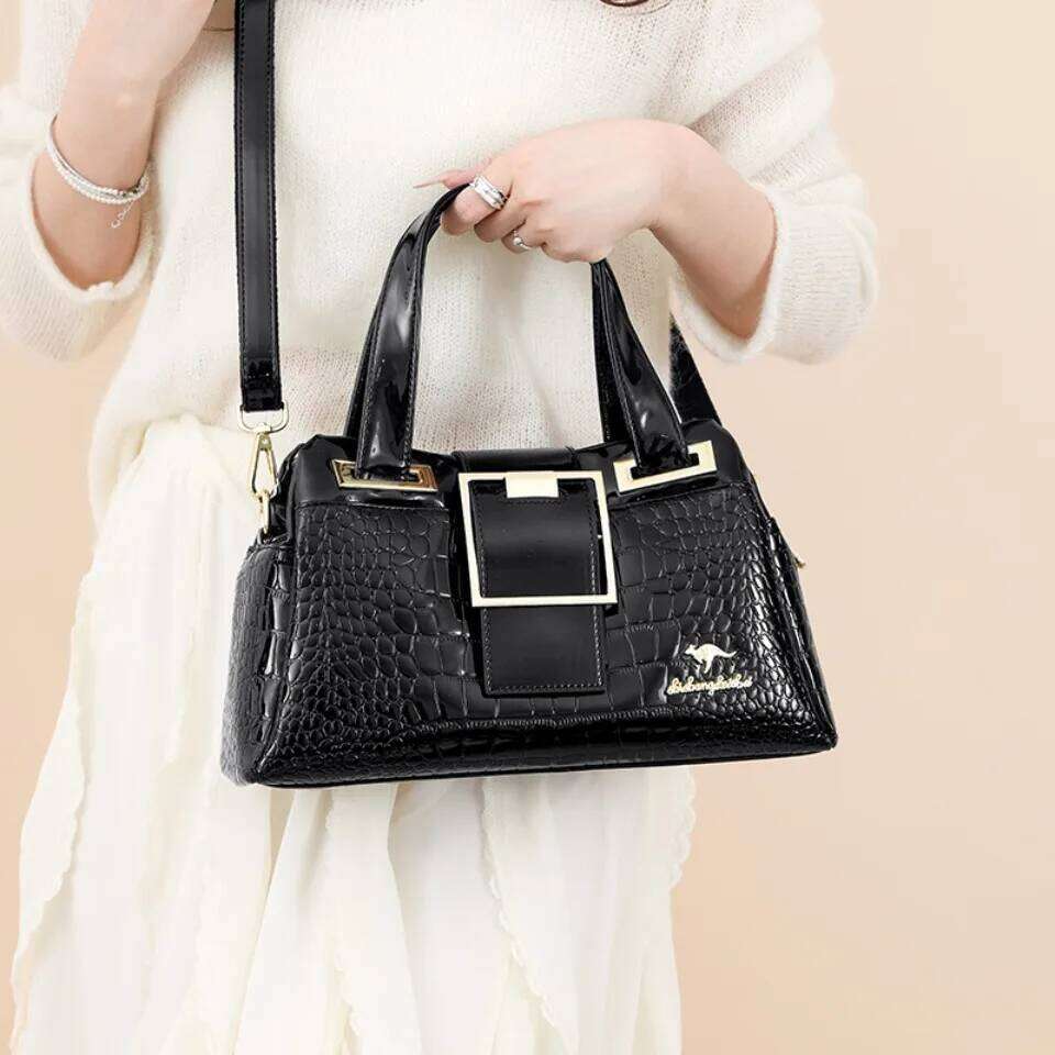 Fashion Elegant Madam Handbag Crocodile Pattern with Lattice Women Shoulder Tote Two Layers Ladies Bag Big Belt Sac