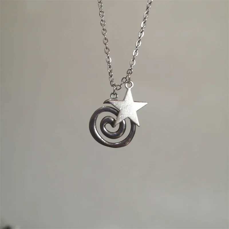Gothic Vintage Silver Color Spiral Vortex Star Pentagram Pendant Chain Necklace For Women Men Unisex Boho Hip Hop Y2K Jewelry Z250614