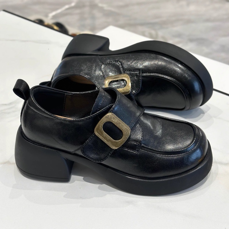 Ddmysports Autumn Magic Tape Loafers Height Increasing Thick Sole British Style Chunky Heel Leather Shoes Outdoor Shoes