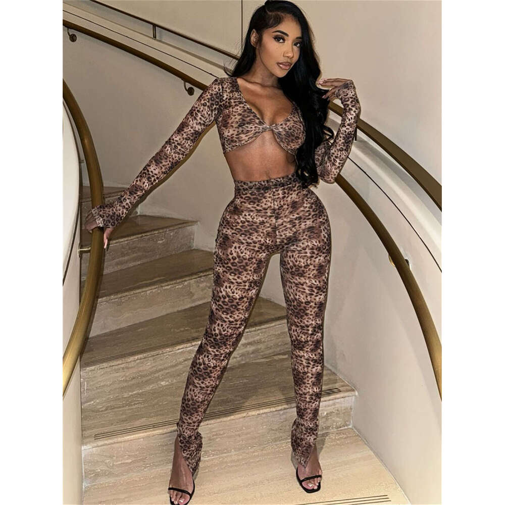 Autumn New Stretch Leopard Print Wild Sexy Slim Fit Short Long Sleeve Top And Pants Set B5