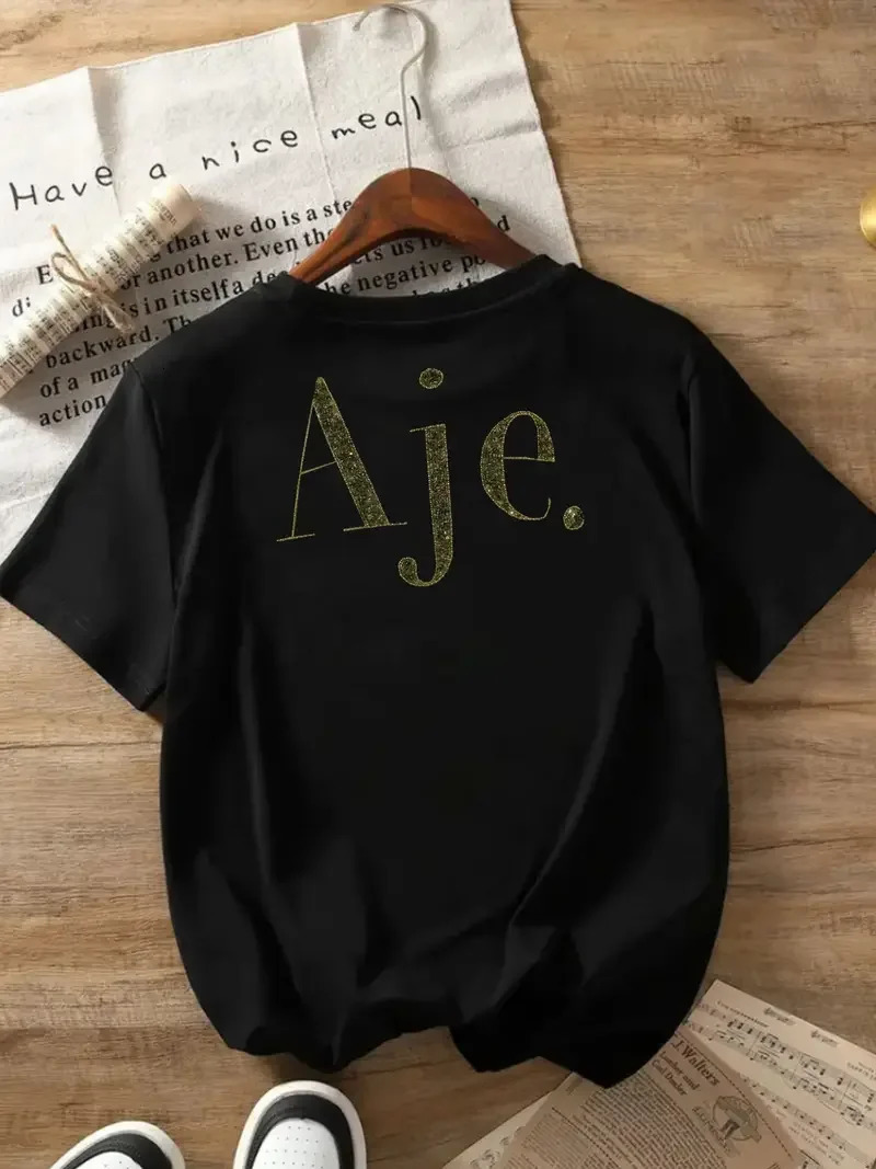 Plus - Size Womens Black Short - Sleeve T - shirt Glittery Aje Print Soft Comfortable Cotton Fabric 250614