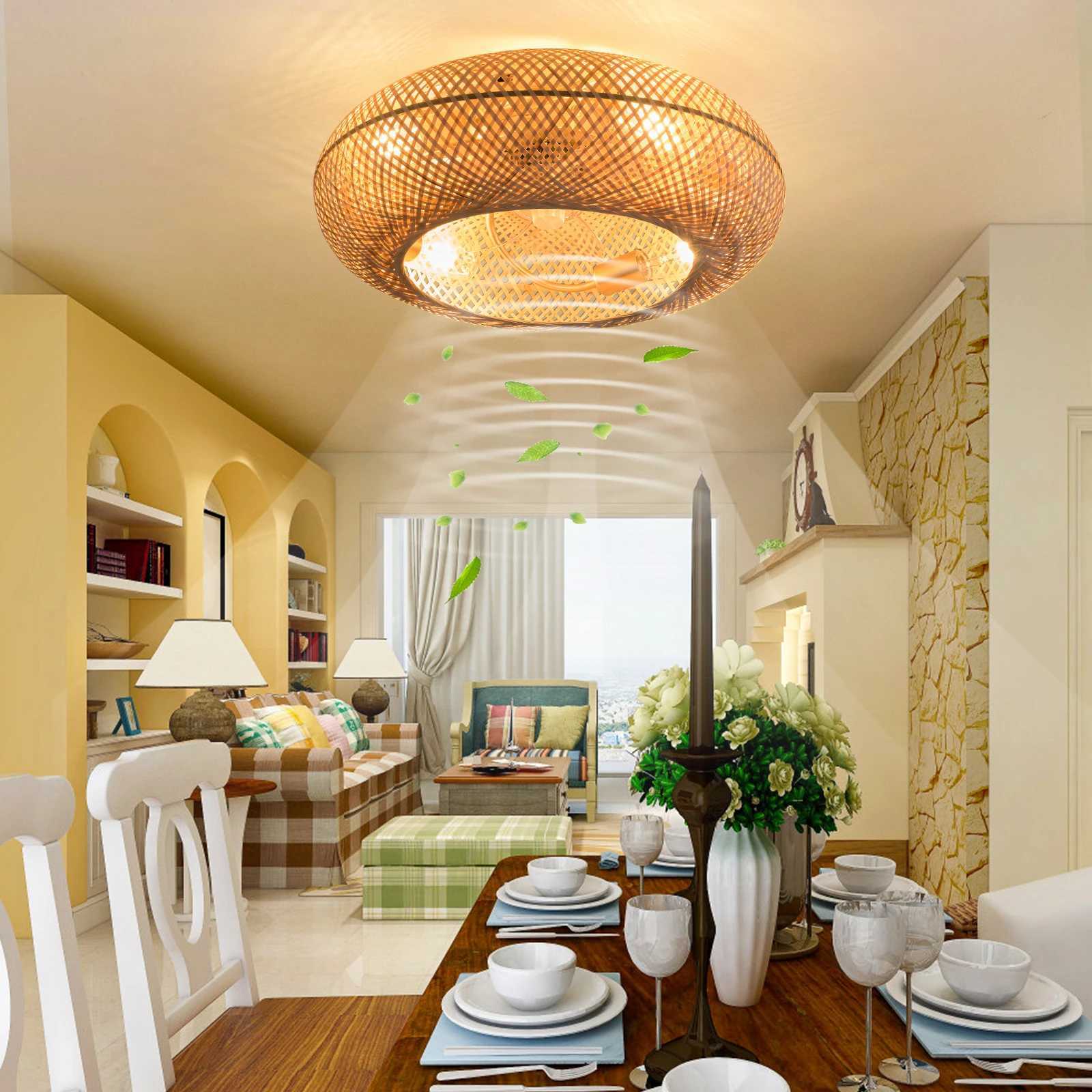 Modern LED Ceiling Fans With Light Bamboo Rattan Hand-Woven Retro Ceiling Lamp With Fans Remote Control 110V XJ2500613