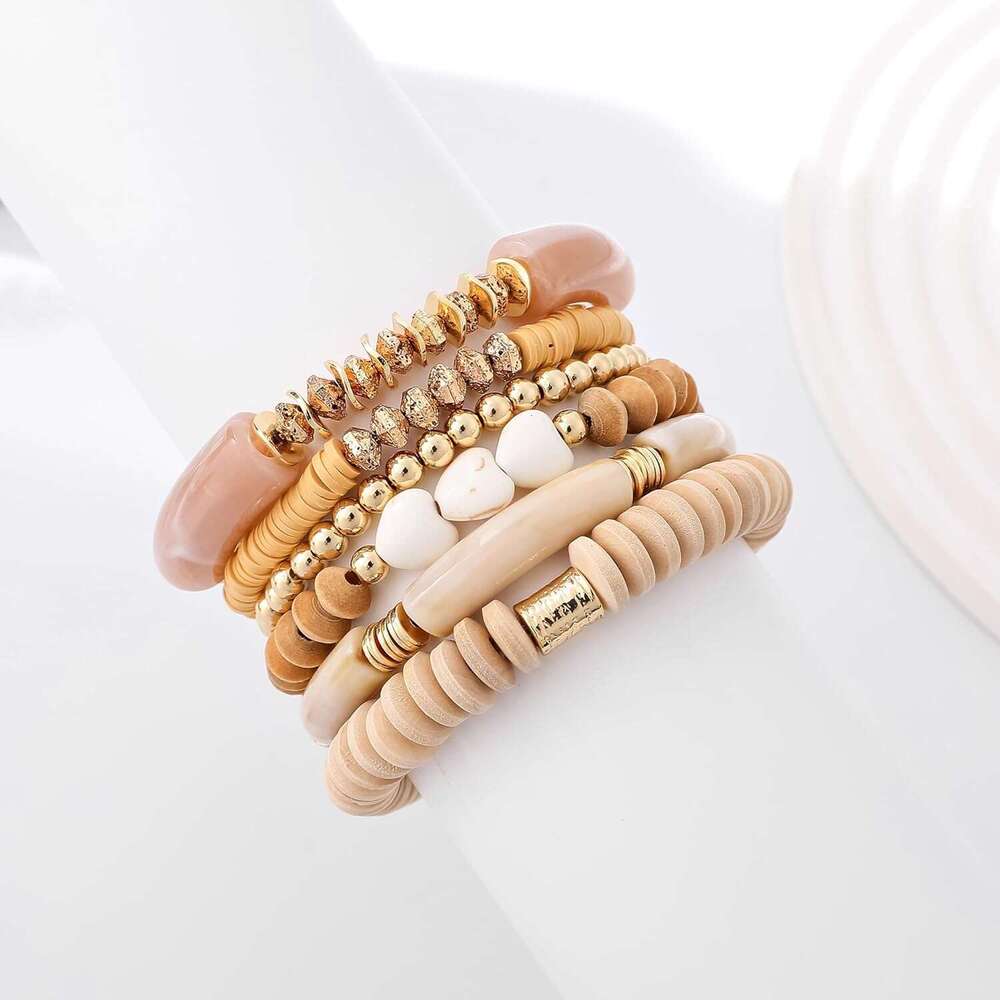 Simple Beaded Bangles Bracelet Chunky Bamboo Tube Curved Stacking Clear Acrylic Colorful Beads Stretchable Gold Bracelets Set For Women