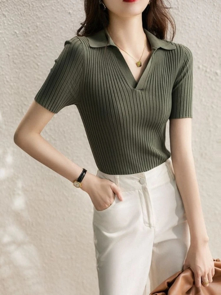 Womens Polo Shirts Slim Knitted Female Tee Plain T-shirts Korean Style Aesthetic Pulovers Casual Tops Short Sleeve 250609