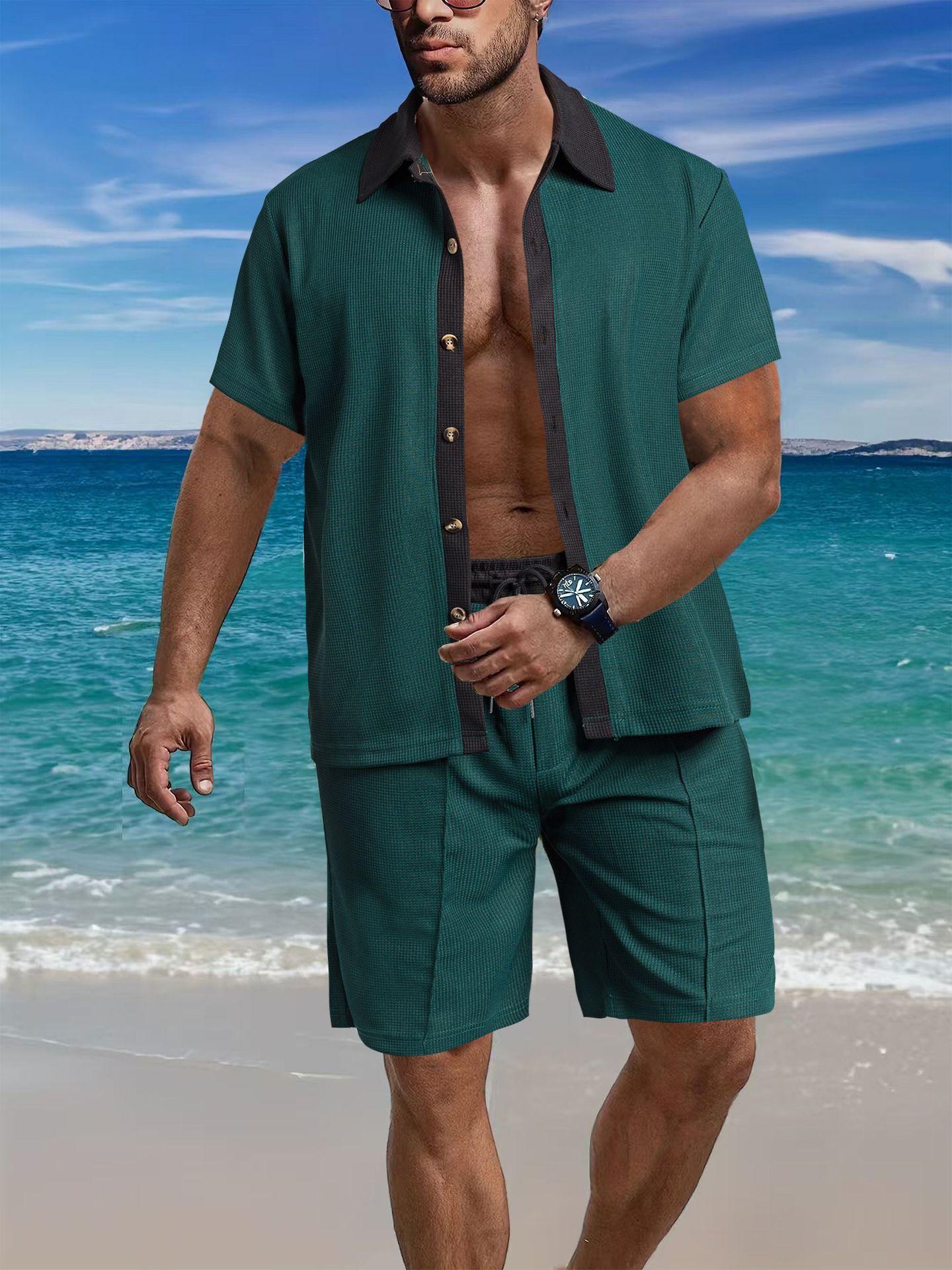 Sportswear Set Casual Sportswear two-piece set of short sleeves and shorts summer loose casual color-blocked beach shirt suit S-3xl