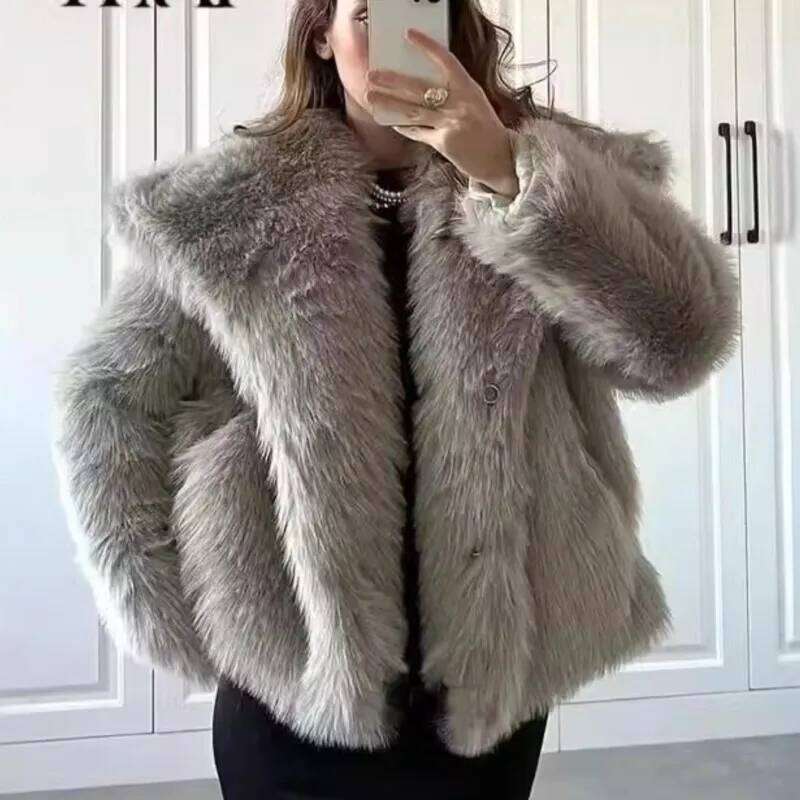 Winter New Fashion Fluffy High Street Large Collar Imitation Fox Fur Women's Coat