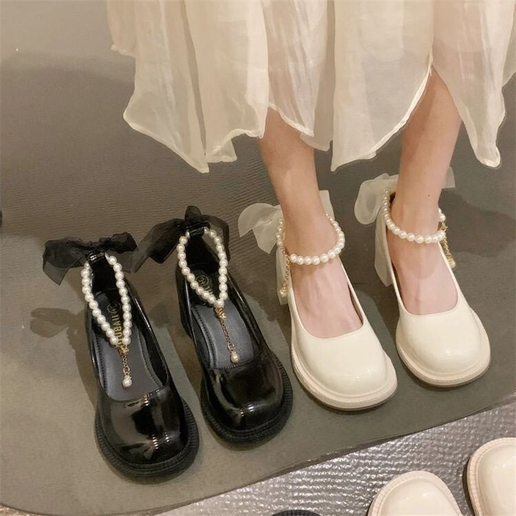 Ddmysports Pearl Ribbon Mary Jane For Women Spring New Fashion Chunky Heel Non Slip British Style Small Leather Shoes Outdoor Shoes