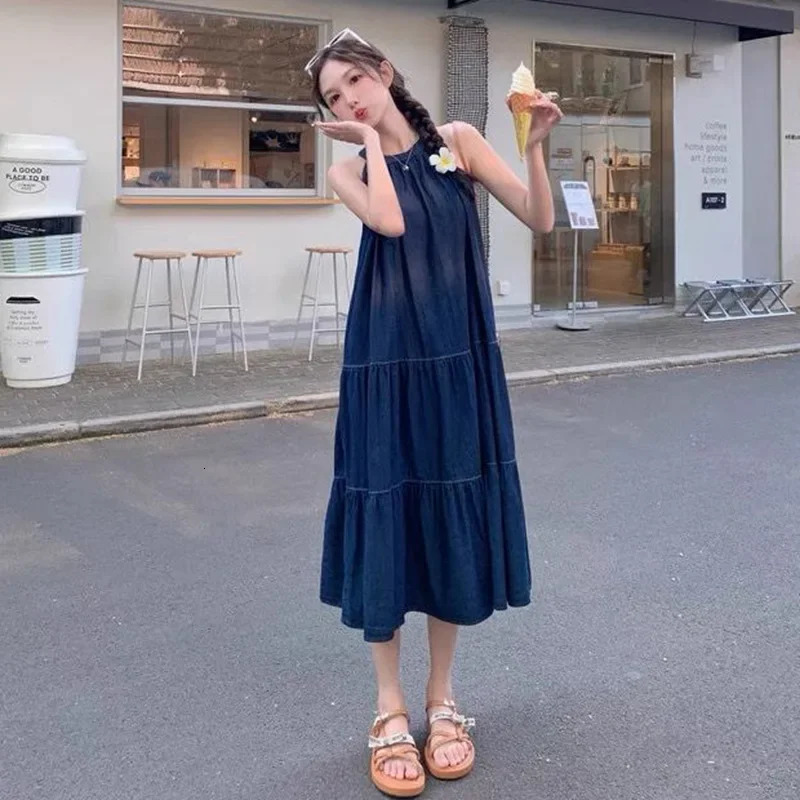French Style Off-Shoulder Denim Dress Womens Fashion Loose Slimming A- Line Skirt Elegant Summer Arrival Casual Dress 250609