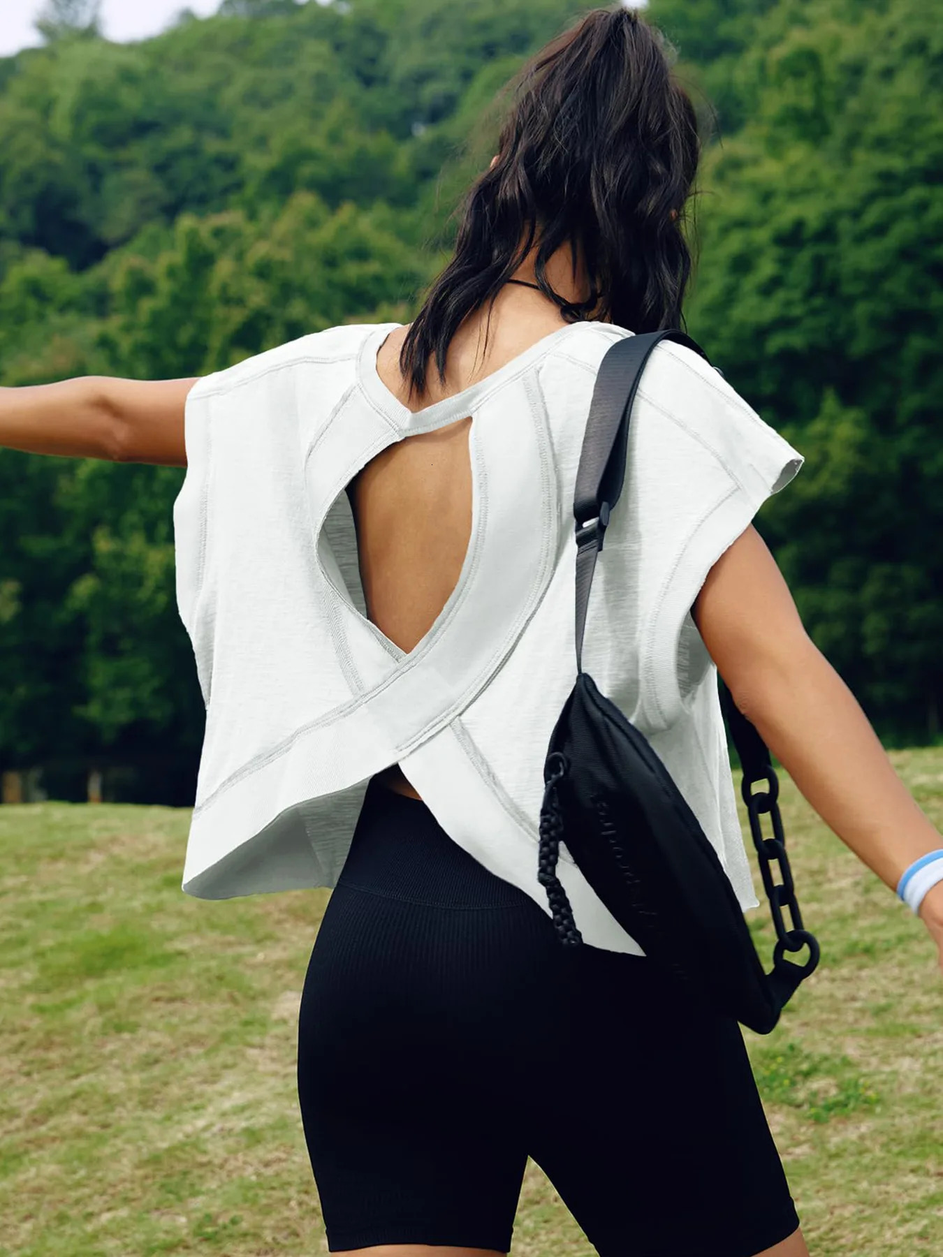Womens Summer Cotton Workout Tops Open Back Short Sleeve Blouses Y2k Athletic Tshirt Casual Gym Yoga Tee 250614
