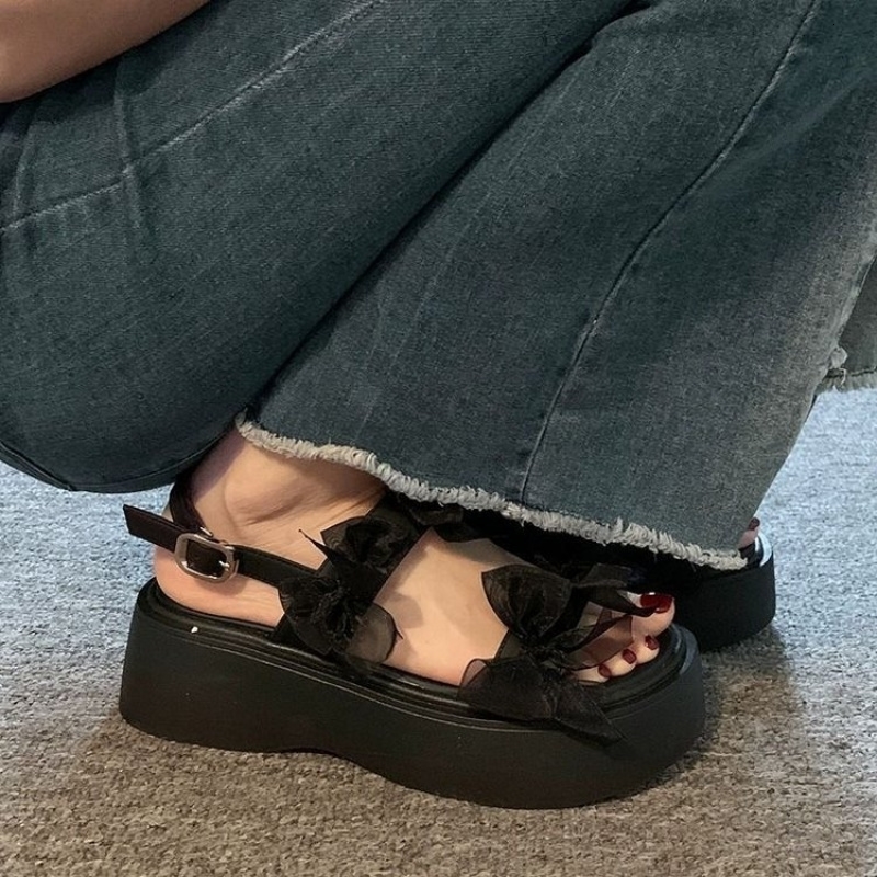 Womens Layered Bow Platform Sandals Thick Cushioned Sole with Adjustable Ankle Buckle for Summer Casual Wear 250605