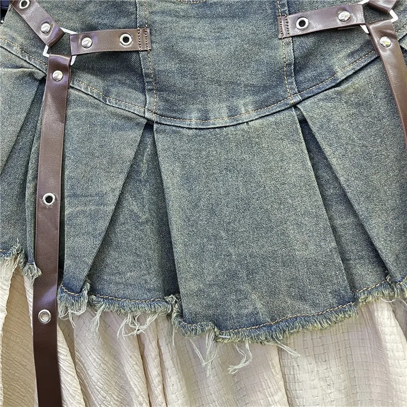 Retro Spliced Denim Pleated Skirt for Women Summer Temperament Girl Fashionable High Waist Aline Skirt 250612
