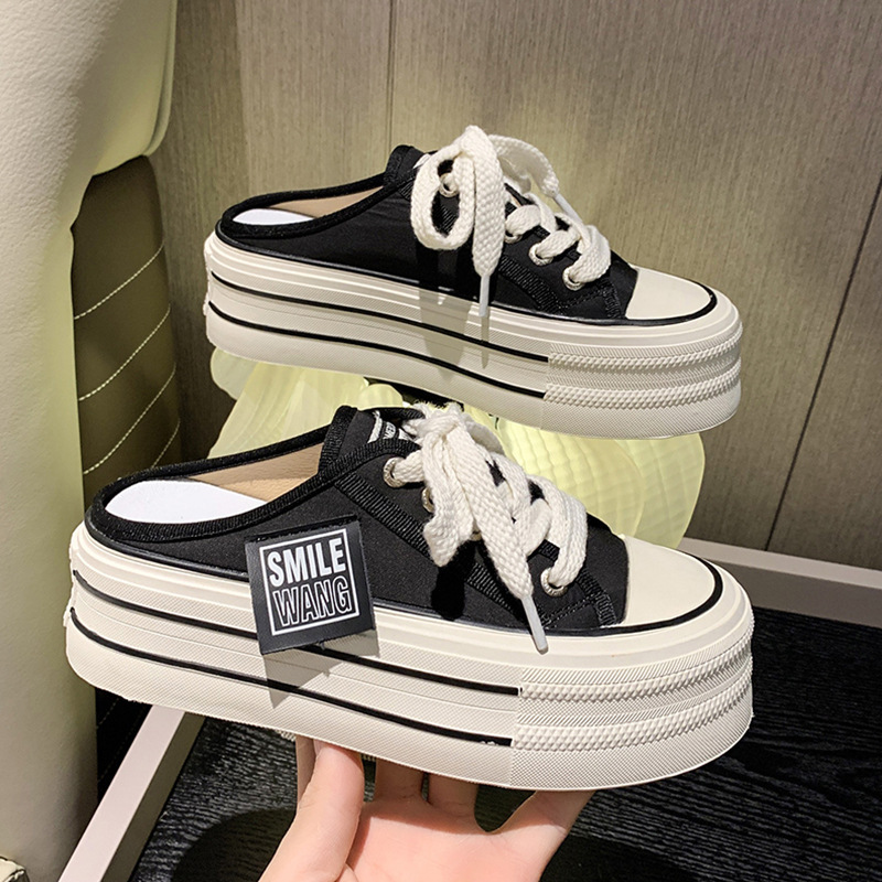 Ddmysports Baotou Half Slippers For Women Spring And Autumn Outdoor Wear New Thick Soled Height Increasing Lazy Casual Versatile Canvas White Shoes Ou
