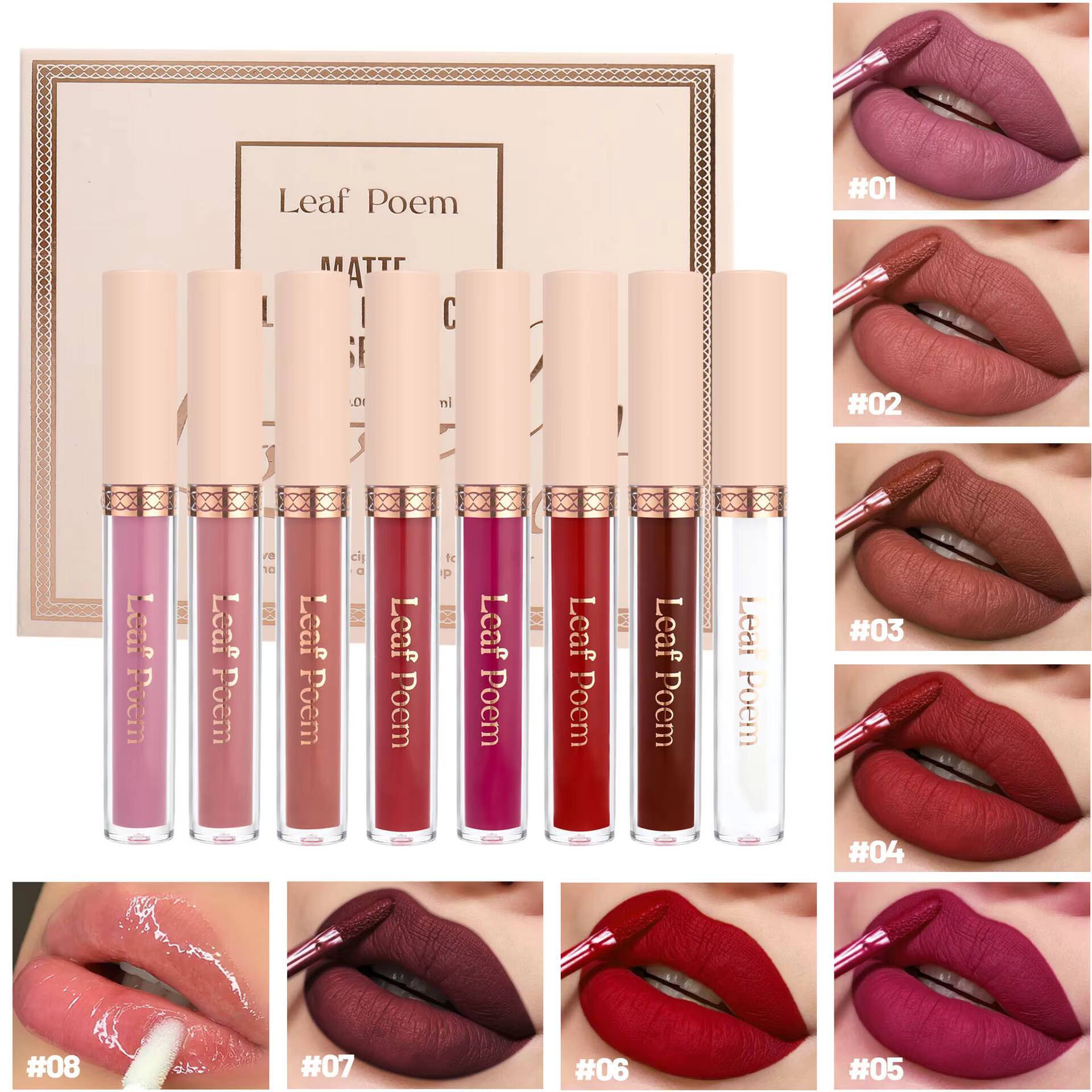 8 pcs matte liquid lipstick, glaze - waterproof, non-stick, long-lasting lip gloss, brown, pink, purple and red tones, suitable for Valentine's D