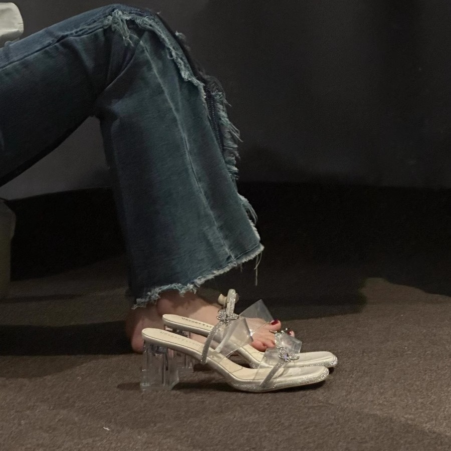 Ddmysports Women S Shoes Summer New Sandals Mid Crystal High Heels Chunky Heel Two Way Wear Rhinestone Outdoor Slippers Outdoor Shoes