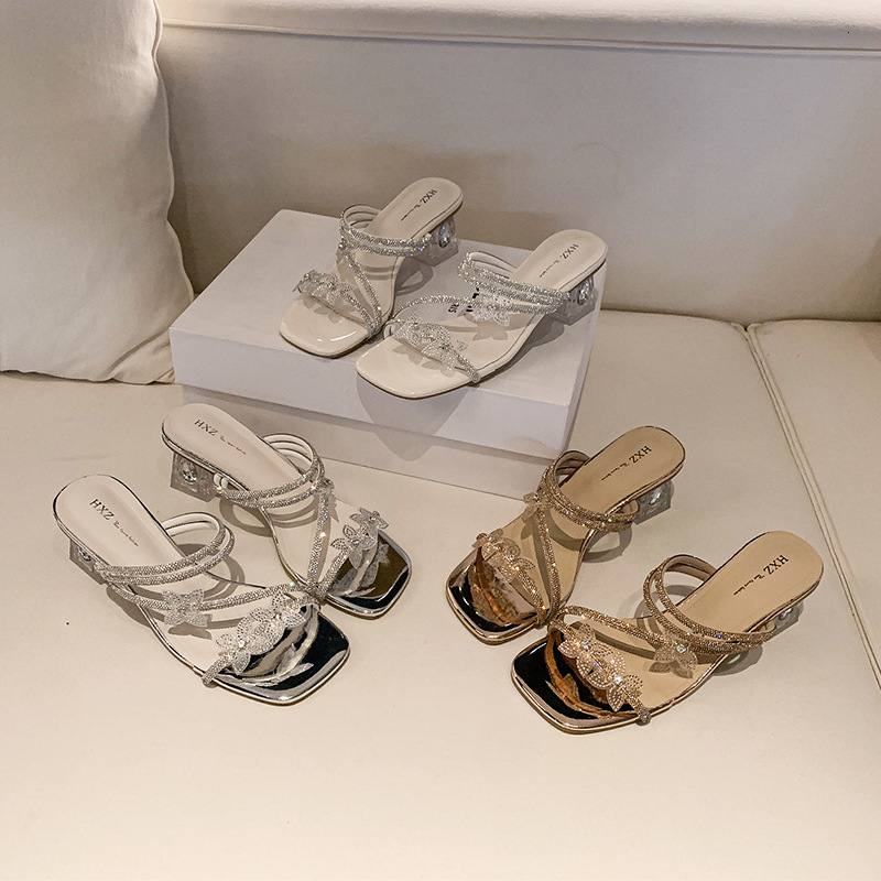 Ddmyoutdoor Rhinestone Slippers For Women Outdoor New Summer Bowknot Crystal Chunky Heel Dress Sandals Outdoor Shoes