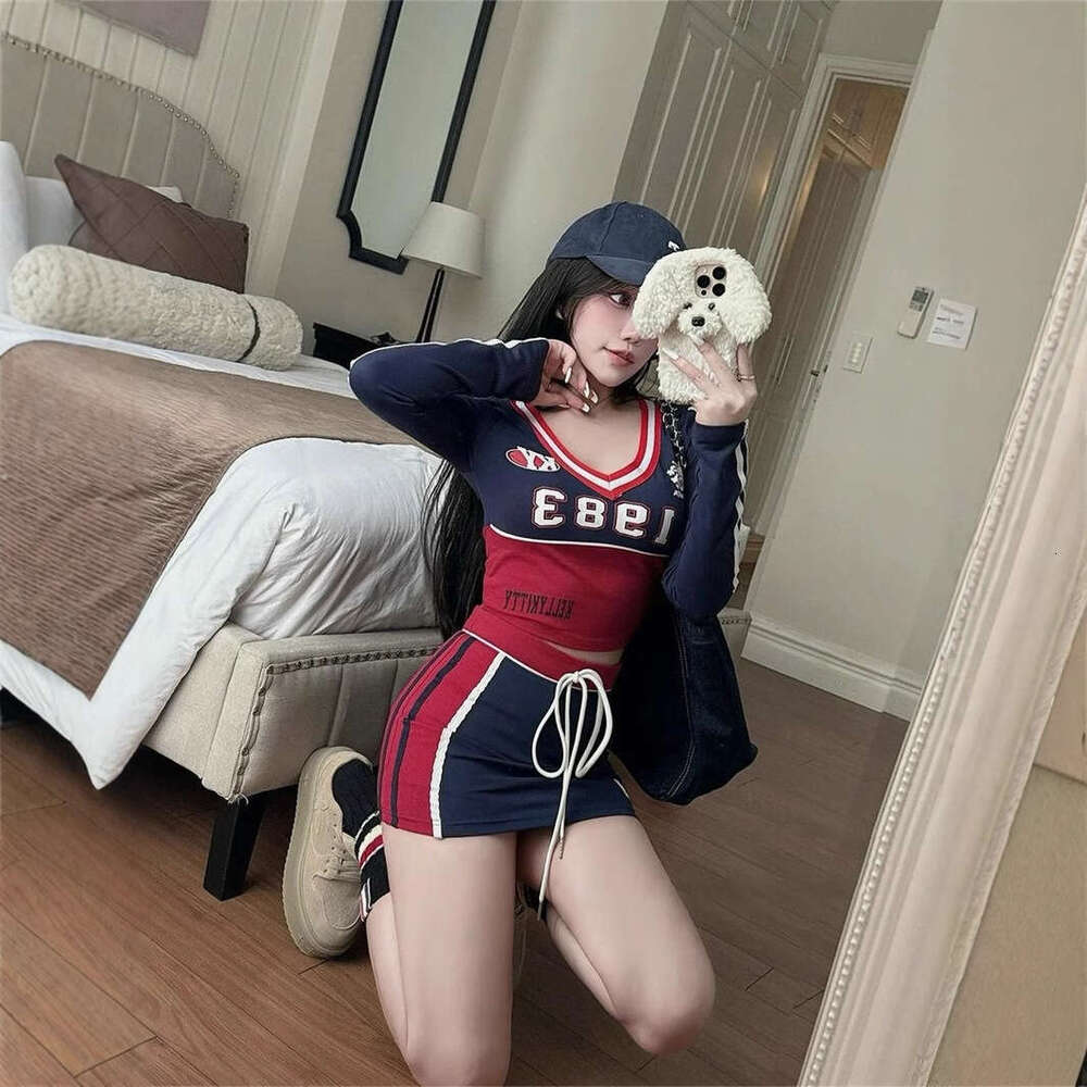 Autumn New Slim Fit Fashion Print Color Block Spicy Girl Long Sleeve Top With Tie Short Skirt Set B5