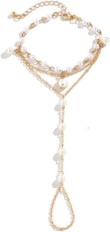 Cute Beaded Pearl Gold Hand Chain Bracelets Rings for Women Dainty, Exquisite Beads Pearls Finger Ring Slave Bracelet Party Prom Jewelry Accessories G