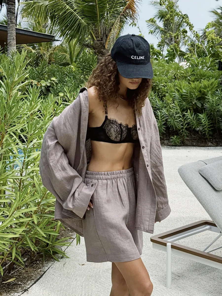 Bornladies 100% Cotton Womens Casual Shorts Sets Solid Color Cozy Lapel Long Sleeve Shirt Summer Elastic Waist Shorts Suits 250529