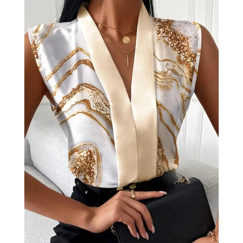Womens Office Shirts Summer Lady Sleeveless Vneck Print Elegant Women Blouse Top Streetwear Female Clothing 250614