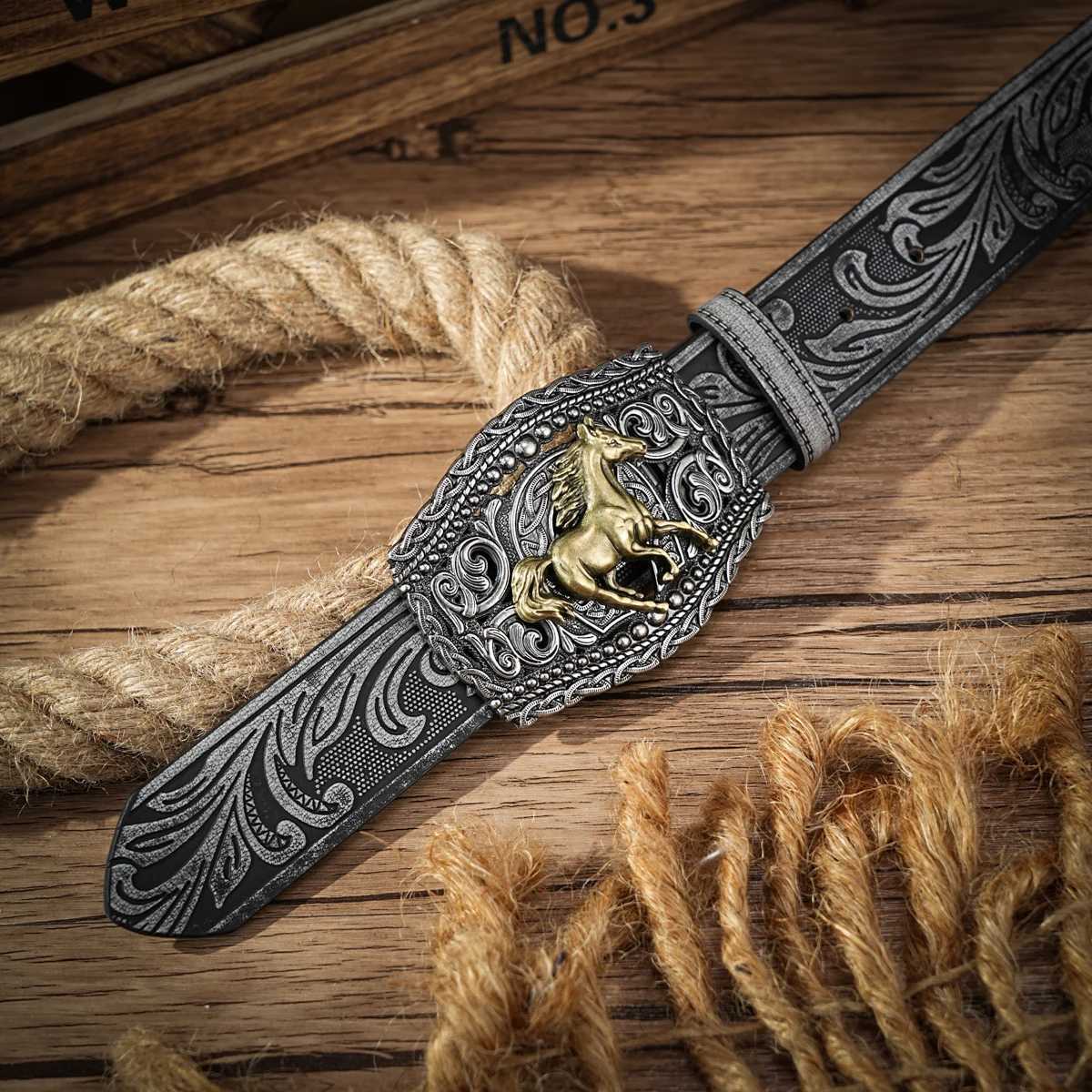 Western Cowboy PU Leather Belt - Men Waist Strap Bl Decoration Floral Engraved for Jeans X2506141