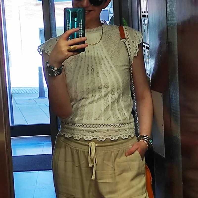 Summer Casual Solid Blouses for Women Petal Sleeve Floral Lace Tops Sweet Chiffon Oneck Short Shirts Elegant Chic 01C 250614