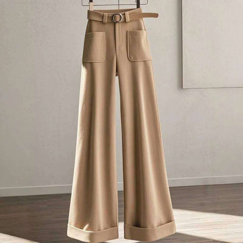 Limiguyue Khaki Pockets Pants Versatile Loose Wide Legs Pant Women Spring Autumn Casual Ankle-Length Trousers Office Lady 666P