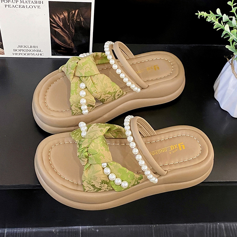 Ddmyoutdoor Ddmyoutdoor Thick Sole Pearl Slippers Women Outdoor Wear Summer New Style One Strap Cross Flat Sandals For Shoes Outdoor Shoes