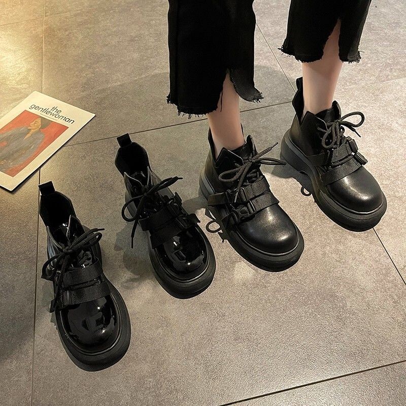 Ddmysports British Style Leather New Thick Sole Versatile Height Increasing Student Black Martin Boots Outdoor Shoes