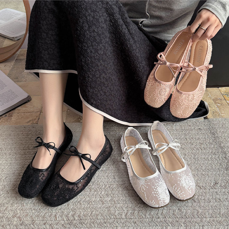Ddmyoutdoor Gentle Evening Breeze Bowknot Ballet For Women New Fairy Hollow Mesh Lace Embroidered Single Shoes Outdoor Shoes