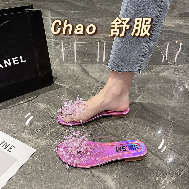 Ddmyoutdoor Shiny Silver Transparent Beaded Toe Cap Half For Women Outdoor Summer Internet Celebrity Super Popular Sandals Slippers Outdoor Shoes