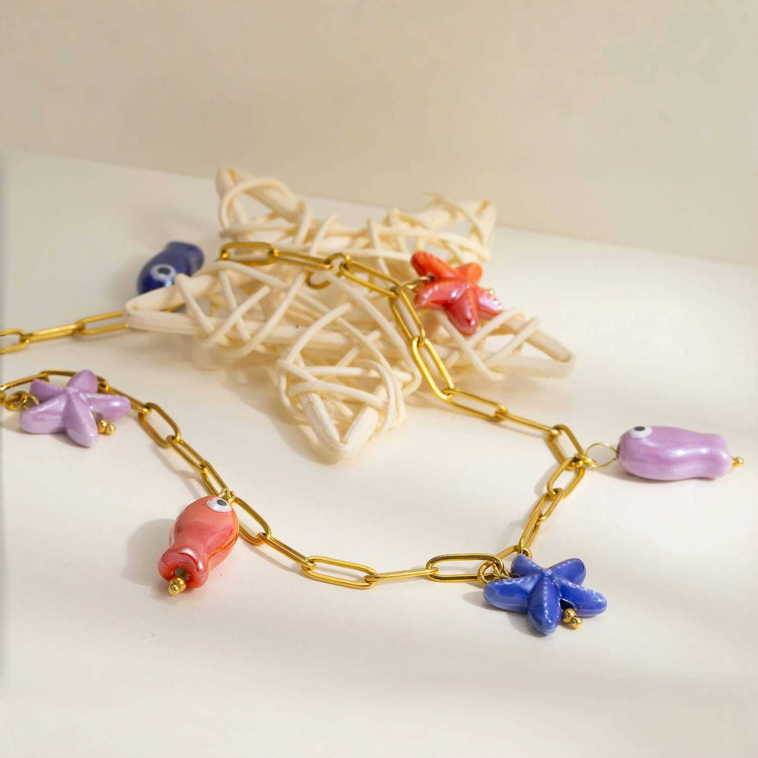 Ceramic Fish Starfish Pendant Necklace for Women 18K Gold Plated Stainless Steel Vibrant Dopamine Jewelry Hypoallergenic Gift Z250614