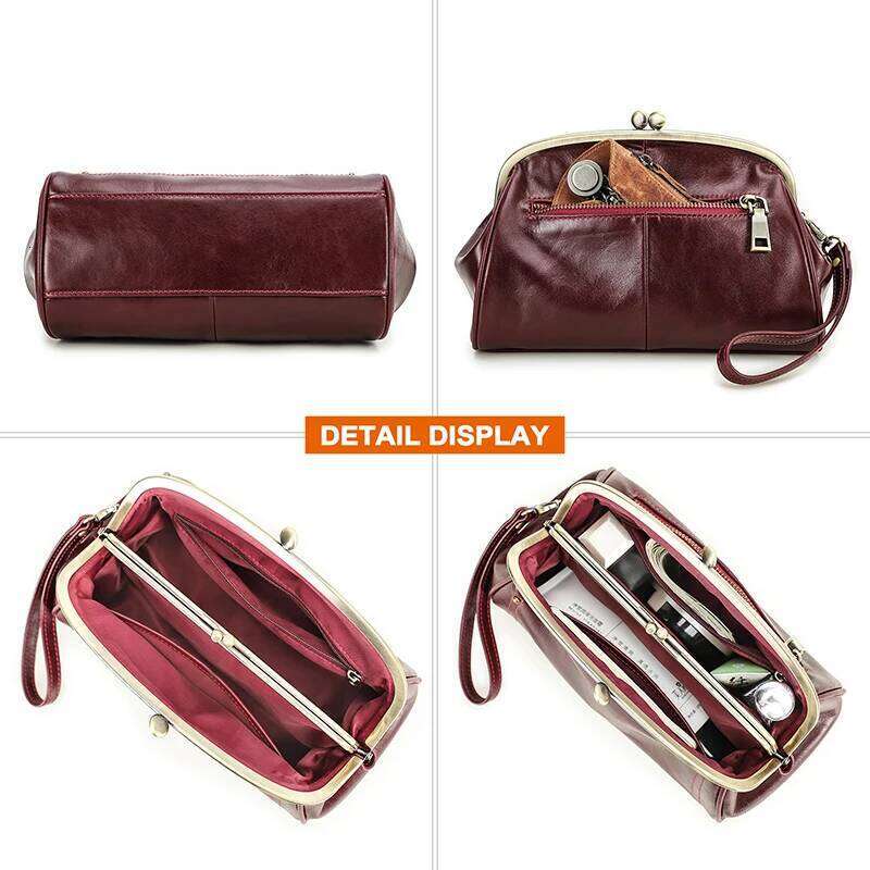 Genuine Leather Women Clutch Kiss Lock Design Female Purse Handbag Large Capacity Long Wallet Bag Phone Pocket