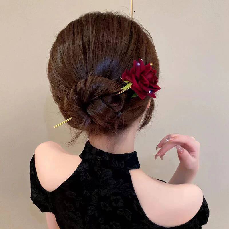 Romantic Rose Flocking Hairpin Flower Sticks With Rhinestone For Women Bridal Floral Hair Clip Headwear Jewellery