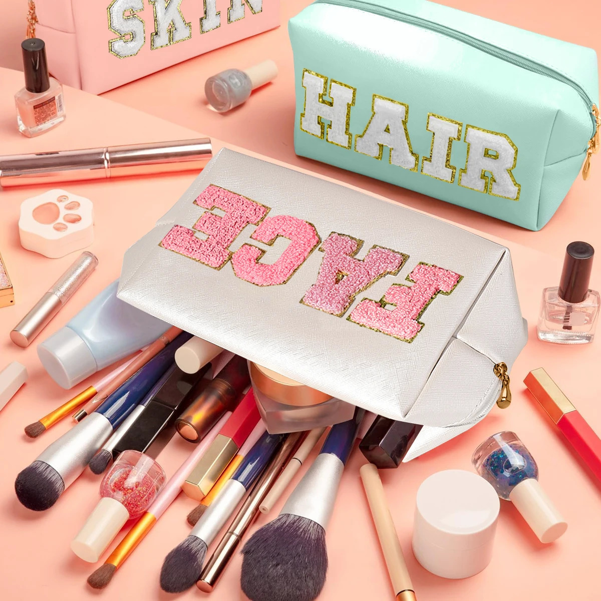 Chenille Letter Cosmetic Bag PU Leather Waterproof Pouch Cute Zipper Organizer Skin Hair and Facezmt 250614