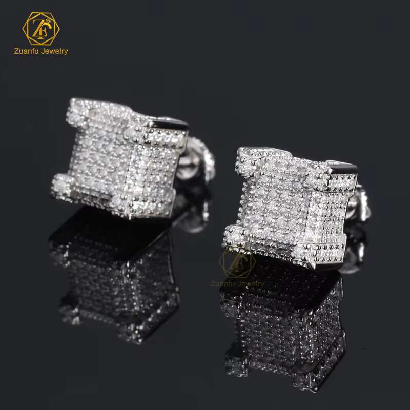 Drop Shipping Iced Out Hip Hop Sterling Silver 925 Silver Gold Plated Screw Back Square Moissanite Diamond Stud Earrings Men