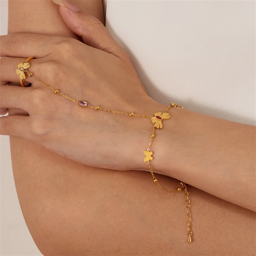 316L Stainless Steel 10 Different Embed Zircon Hand Back Chain All In One Bracelets Rings For Women Fashion Fine Jewelry Gifts 250610