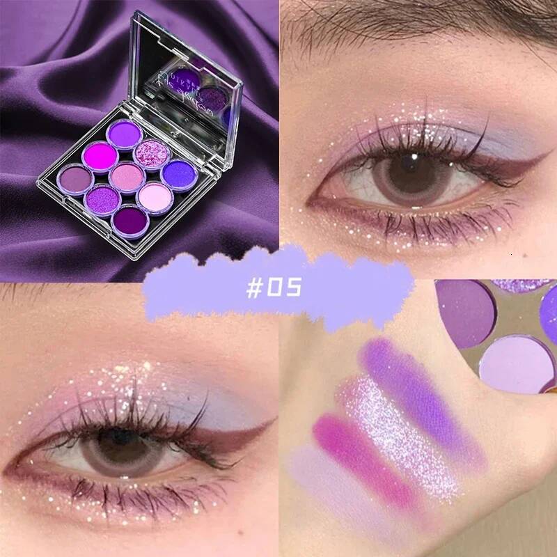 9 Colors Makeup Party Eyeshadow Pallete Shiny Purple Eye Shadow Palette Brown Shimmer Glitter Matte Shades Neon Pigments