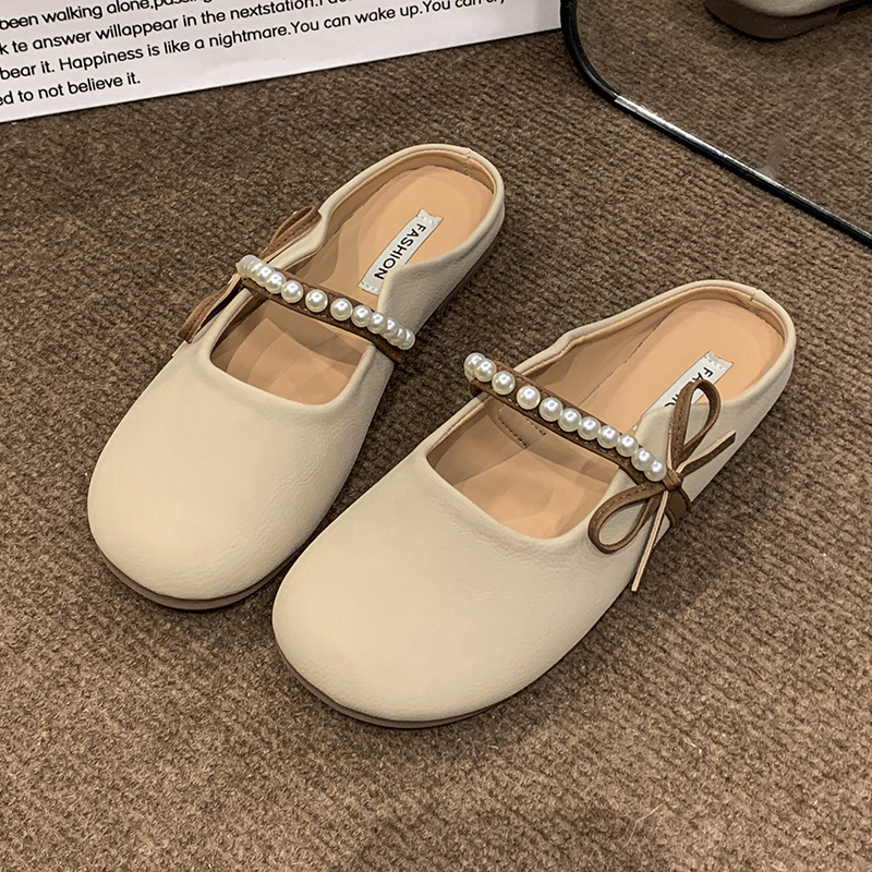 Ddmyoutdoor Baotou Half Slippers For Women Outdoor Wear Summer New French Style Pearl Bow Gentle Flat Lazy Sandals Outdoor Shoes