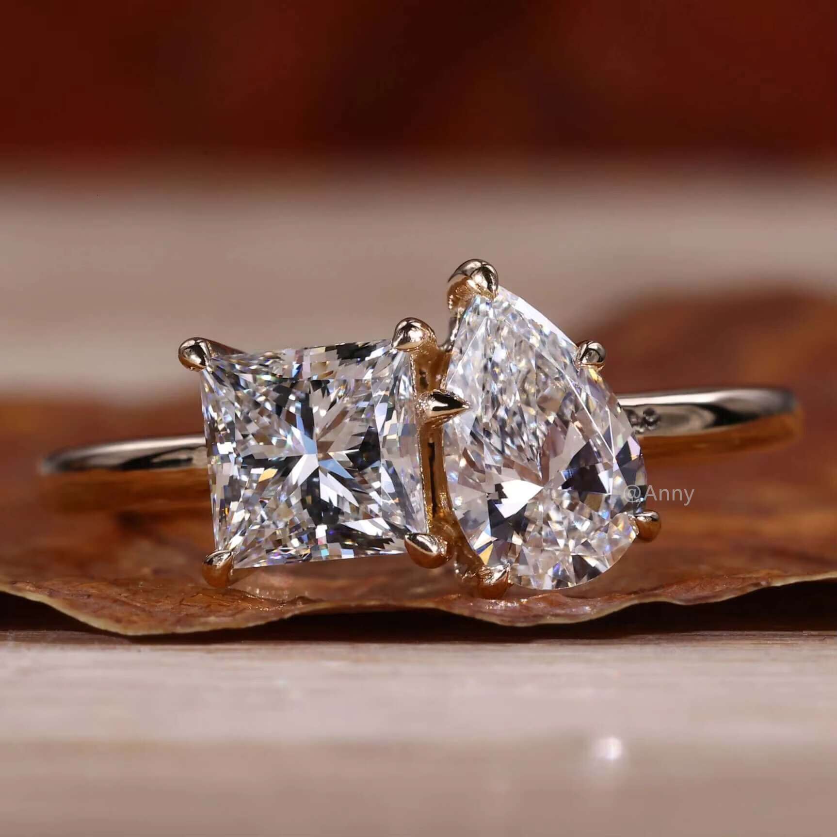 925 Sterling Silver GRA VVS Moissanite Toi Et Moi Ring 1.69 TW Pear and Princess Cut Lab Grown Diamond Engagement Ring Women