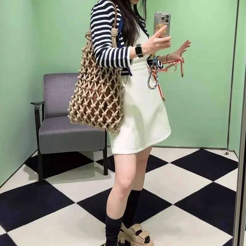 Summer Beach Bag For Women Mesh Rope Knitted Bucket Shoulder Bags Reticulate Hollow Travel Shopper Totes Ladies Fashion Handbag
