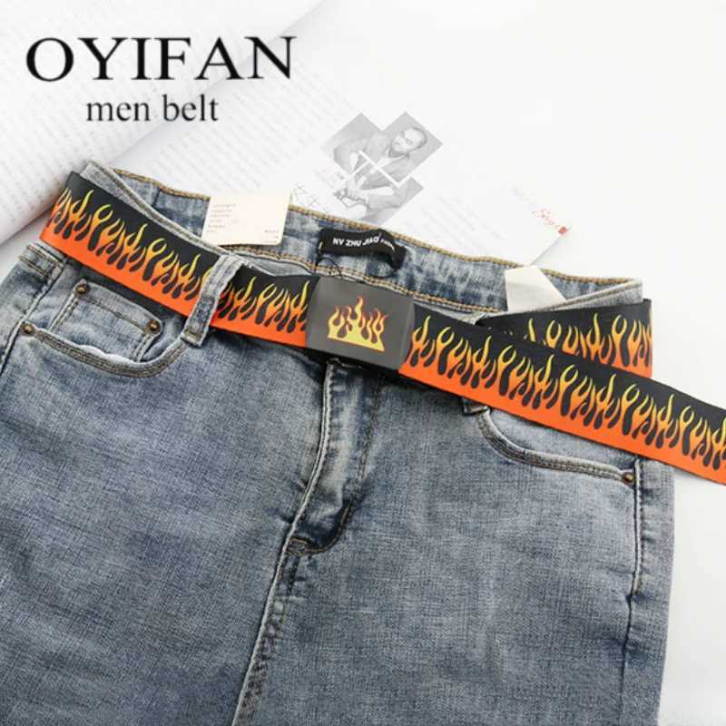 Mens and wens belts smooth buckle belts flame print belts statement belts hip hop trend canvas belts X250614