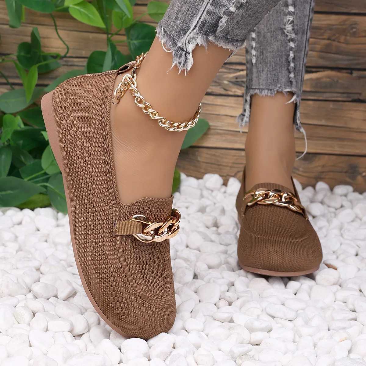 Metal Chain Decor Flats Shoes for Women 2025 Plus Size 44 Mesh Breathable Loafers Shoes Woman N-Slip Casual Vulcanized Shoes XJ250614