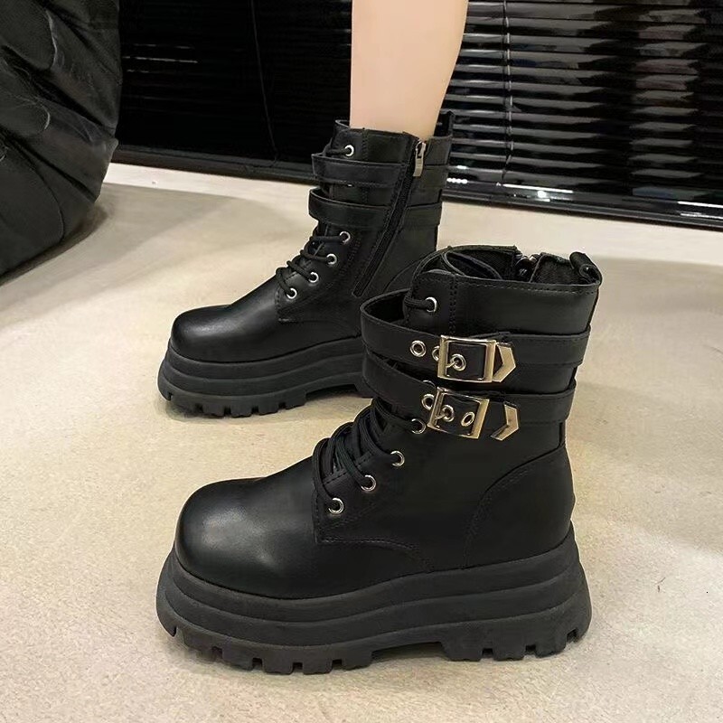 Ddmysports Street Motorcycle Autumn New Small Stature Height Increasing Thick Sole Slimming Short British Style Martin Boots For Women Outdoor Shoes