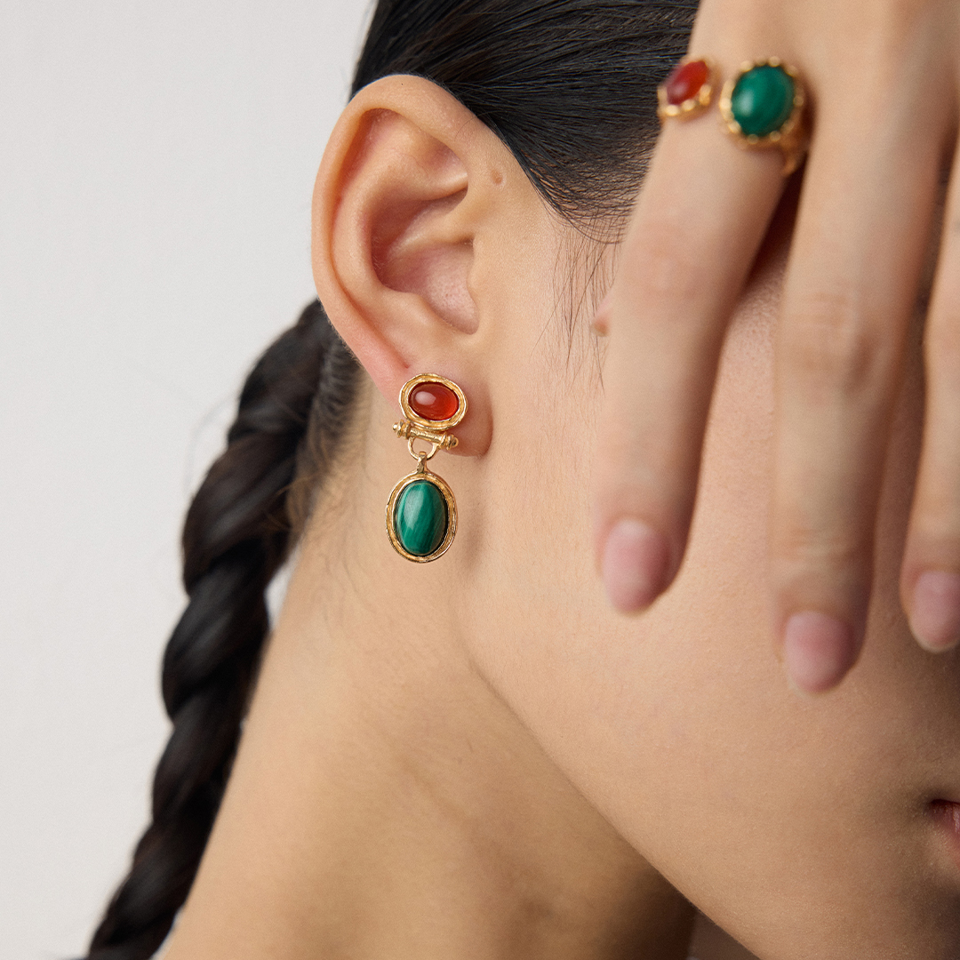VOBIPY Vintage Malachite Onyx Earring S925 Silvers Gold Plated Earring for Women Girl Party Birthday Gift Fashion Jewelry Christmas Day