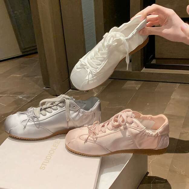 Grape Mom Studiolee Ballet Style Sweet Girl Round Toe Satin Sneakers with Bow Casual German Training Shoes for Women