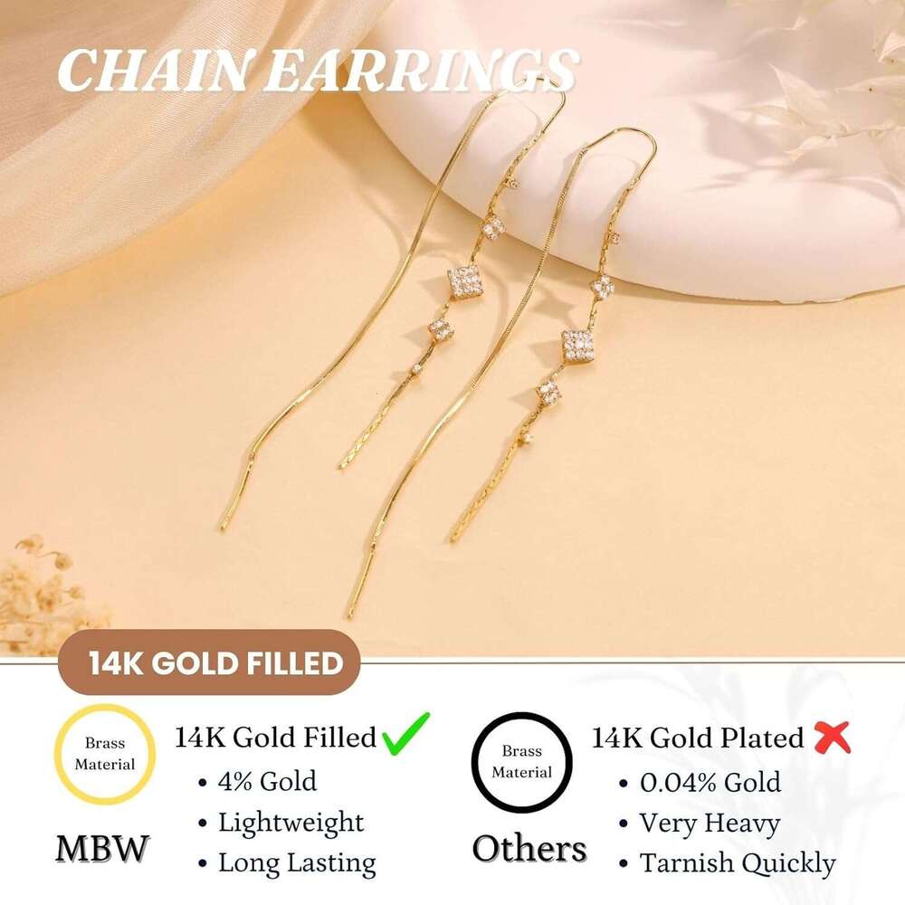Gold Threader Women, 14K Dangle Long Drop Earrings Dangling, Dainty Elegant Dangly Ear Chain with Tassel and Cubic Zirconia for Wedding Hoco Trendy Je
