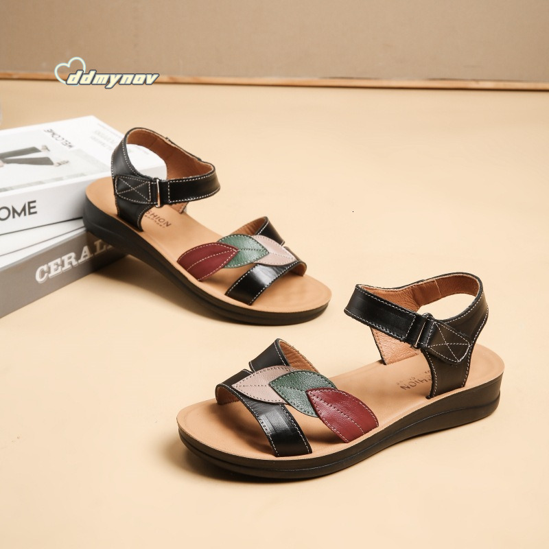 Top Layer Cowhide Mom Sandals Genuine Leather 50 Years Old Summer Soft Sole Women's Shoes Middle-aged Flat Elderly Non-slip Women ddmynov