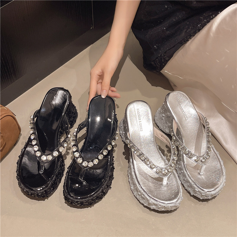 Ddmyoutdoor Silver Waterproof Platform Thick Sole High Heel Wedge Slippers For Women New Summer Outdoor Rhinestone Sequin Flip Flops Outdoor Shoes